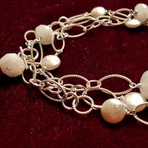 Silver Link White Opalescent Bead Necklace